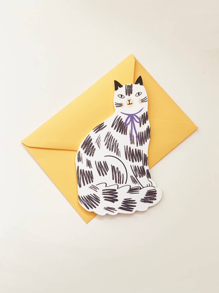 Sitting Kitty Shaped Greeting Card - Black White for wholesale by Kitty Kenda Papergoods
