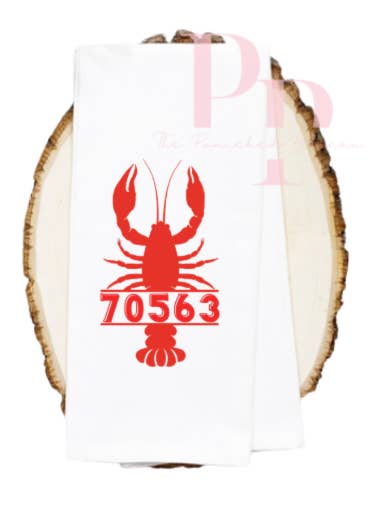 Zipcode Crawfish Tea Towel.. customizable for wholesale by The Panicked Pelican