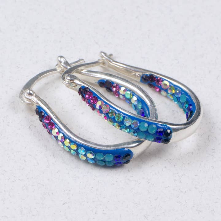 PE-8415 / CRYSTAL & SILVER DOUBLE SIDE SMALL HOOP EARRING for wholesale by Mosaico Jewels