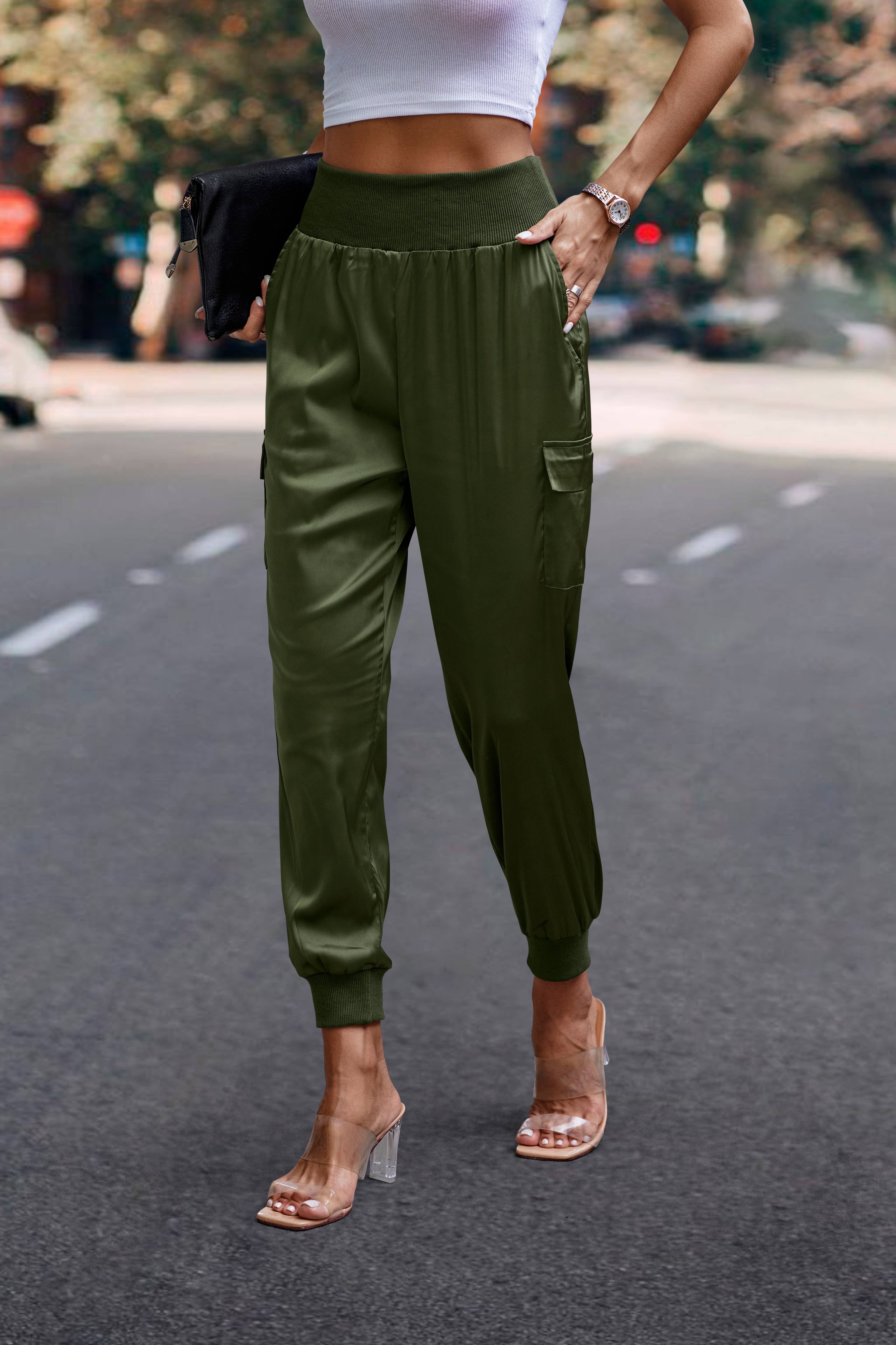 eLook - Wholesale Lounge Sweatpants/Joggers - Women's - SZ1-P0012 Satin Cargo Jogger with Ribbed Waist8