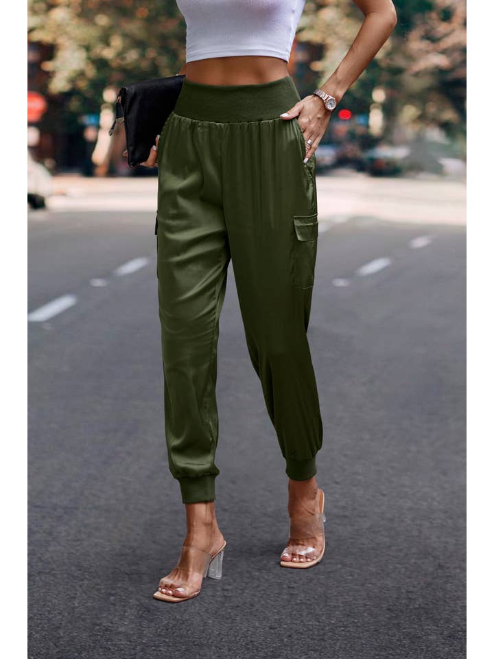 eLook - Wholesale Lounge Sweatpants/Joggers - Women's - SZ1-P0012 Satin Cargo Jogger with Ribbed Waist8