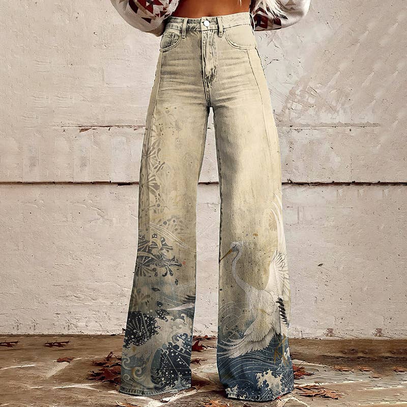 Wholesale Women's Wide Leg 3D Heat Transfer Printing Long