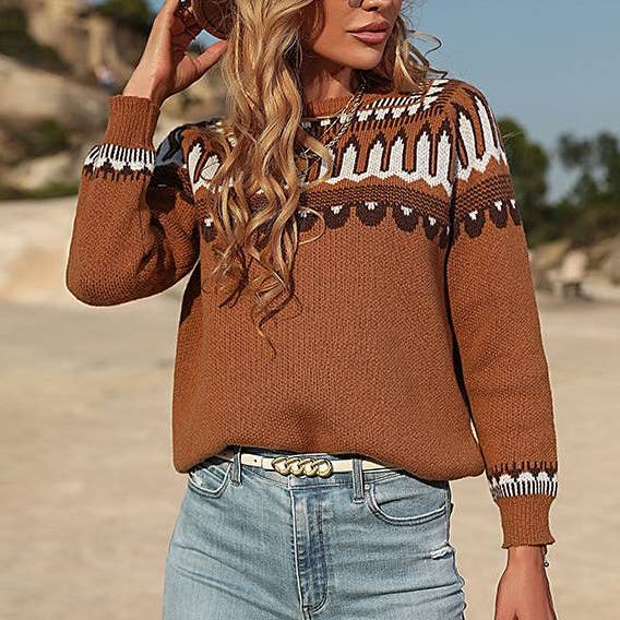 Sleek Loose Brown Long-Sleeved Sweater for wholesale on Faire