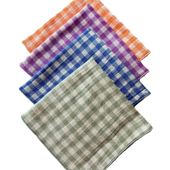 CHARMY - Wholesale Dinner & cloth napkin - Set of 4 Double Cotton Gauze Napkins – Azure Gingham, violet, clementine, and gray-green – 40x40cm7