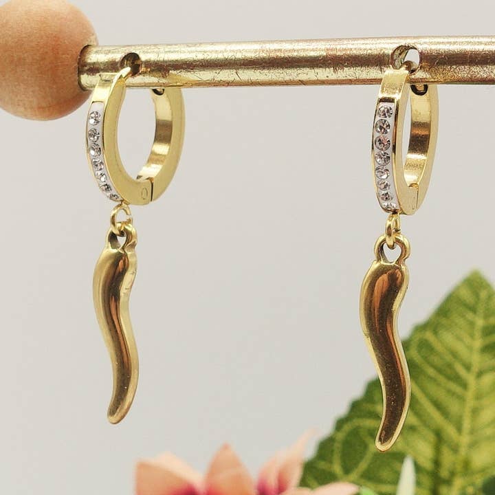 LUCKY- acciaio inossidabile - Paio Orecchini cornetto con Cubic Zirconia for wholesale by Daemon srls