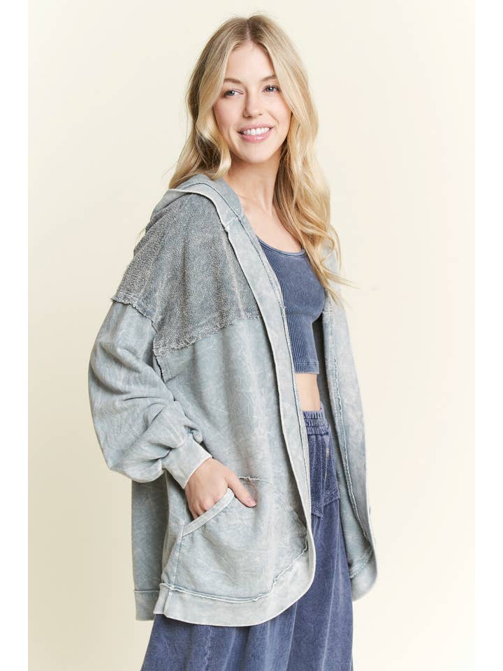 J.Her - Wholesale Cardigan - Women's - Mineral Wash Open Terry Cardigan with peace sign HT6086