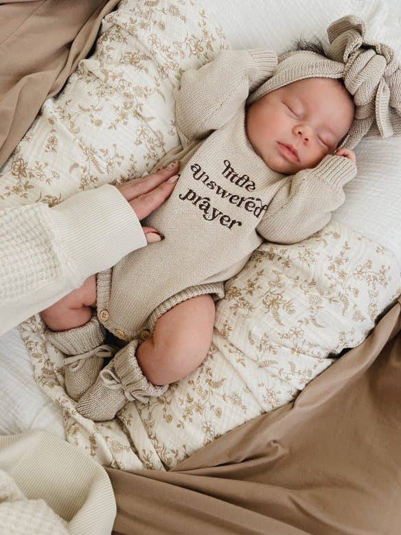 Little Answered Prayer Romper | Stone for wholesale by Brave Little Lamb the Label