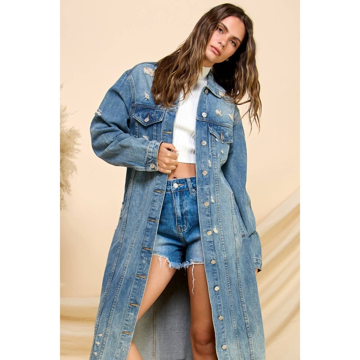 Med Wash Distressed Long Denim Jacket for wholesale on Faire0