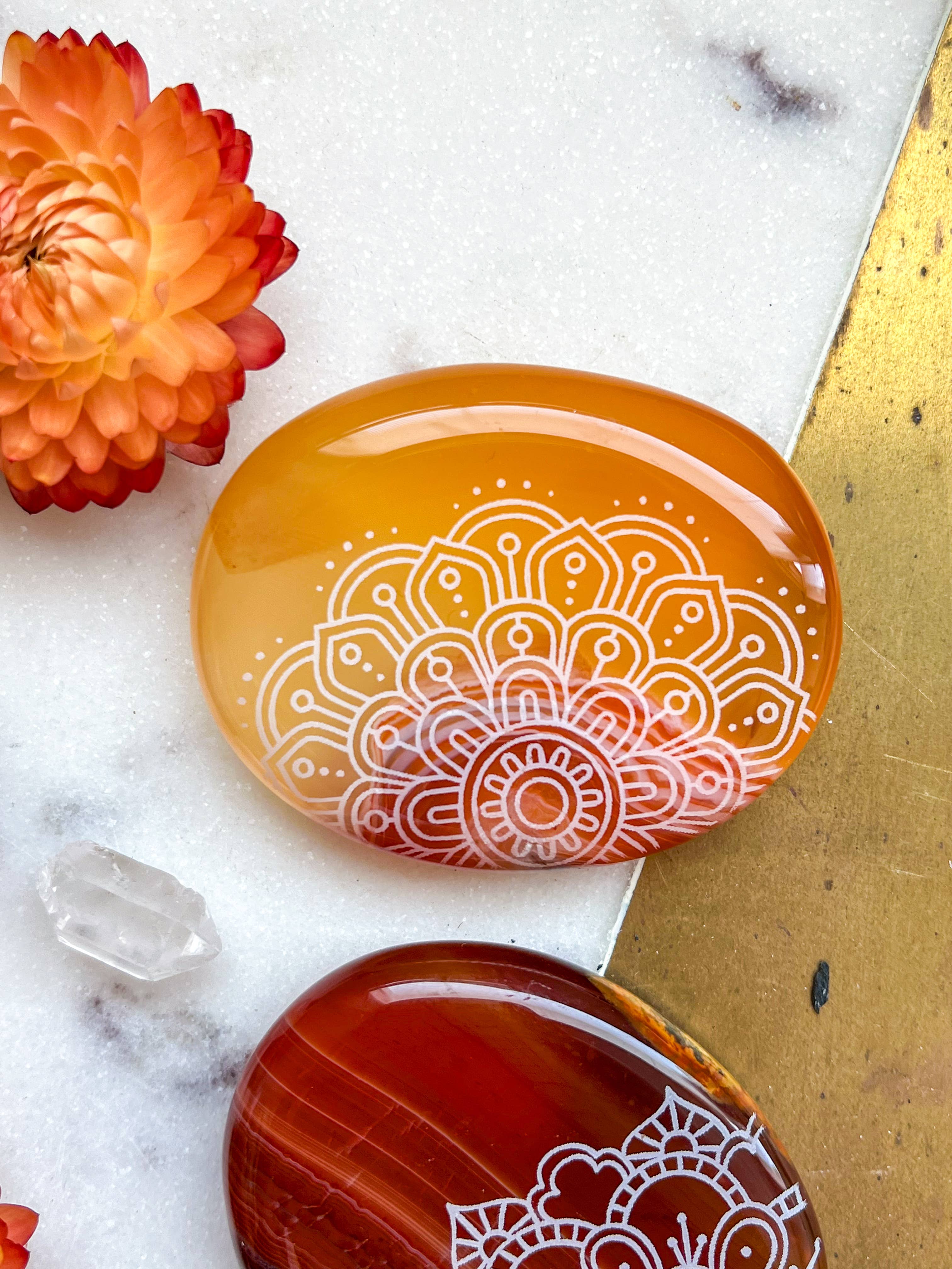 Fractalista Designs - Wholesale Spiritual Stone/Crystal - Etched Carnelian Worry Stone palmstone - Assorted Mandalas3