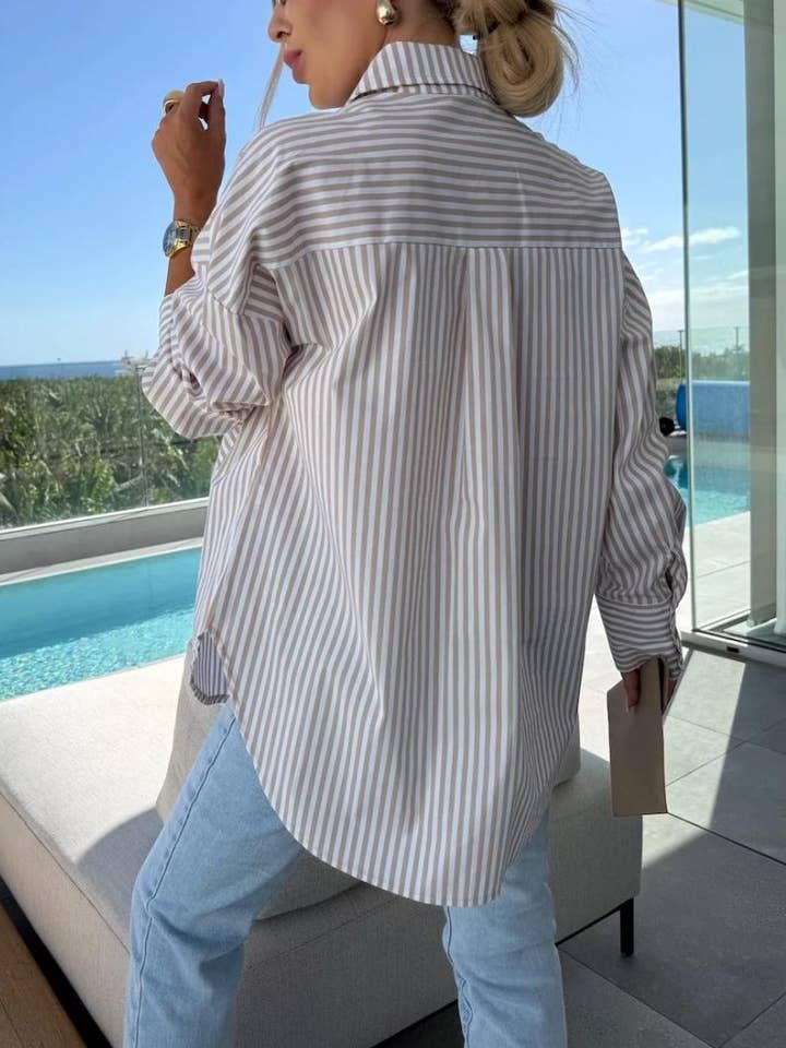 Rosa Clothing - Wholesale Shirt - Women's - Striped Long-Sleeve Oversized Shirt With Pocket3