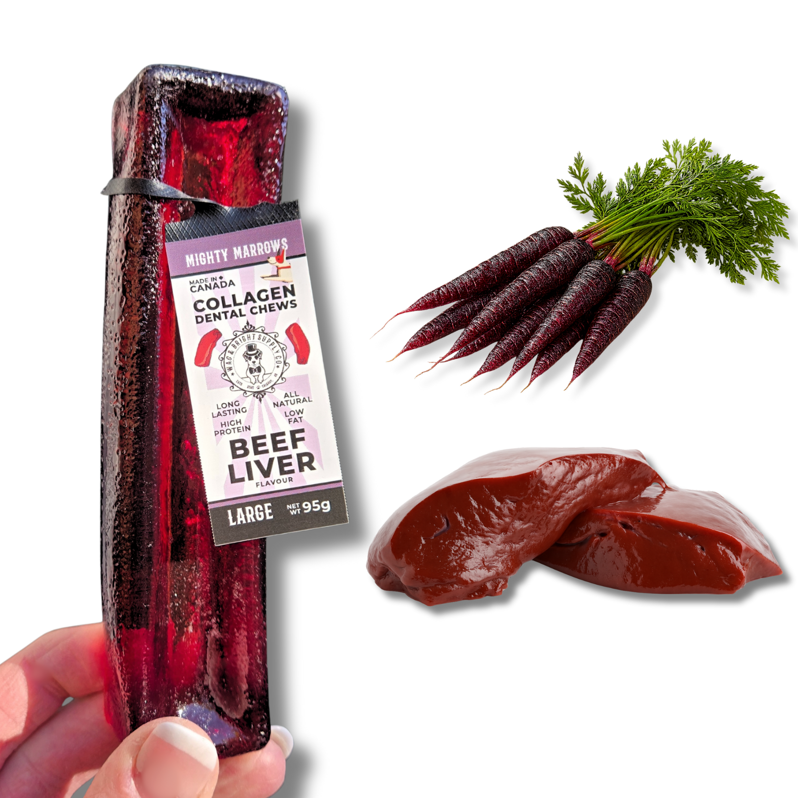 Wag & Bright Supply Co. – Couro/osso para cão - Cão por atacado – Mighty Marrows Colagénio Mastigável para Dentes - Fígado de Vaca - 3 Tamanhos2