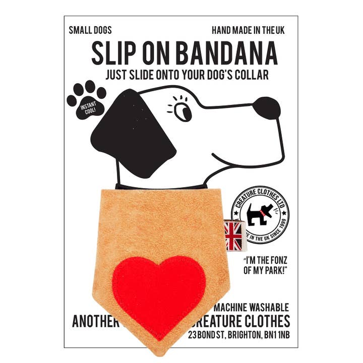 Creature Clothes - Wholesale Pet Bandana - Dog - Slip on Dog Bandana - Red Heart on Tan