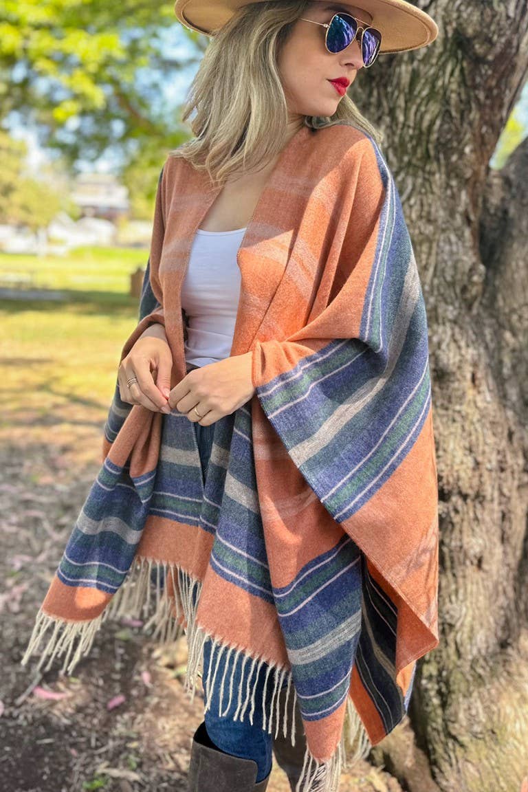 Rost Rostrandig tryckt mysig Ruana sjalkofta med tofs för wholesale på Faire6