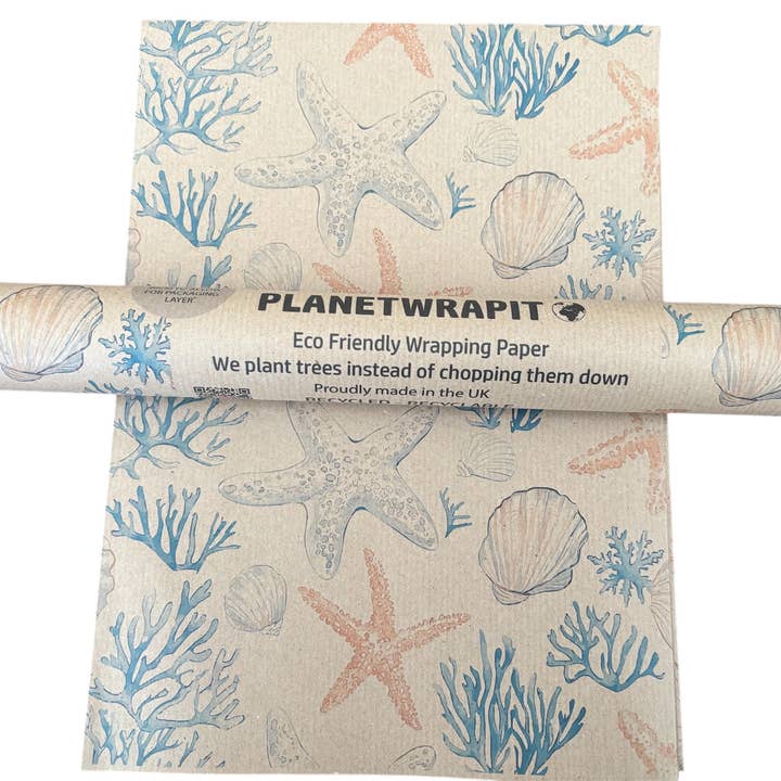 Shells and Starfish Recycled Kraft Wrapping Paper Gift Wrap for wholesale by PlanetWrapIt