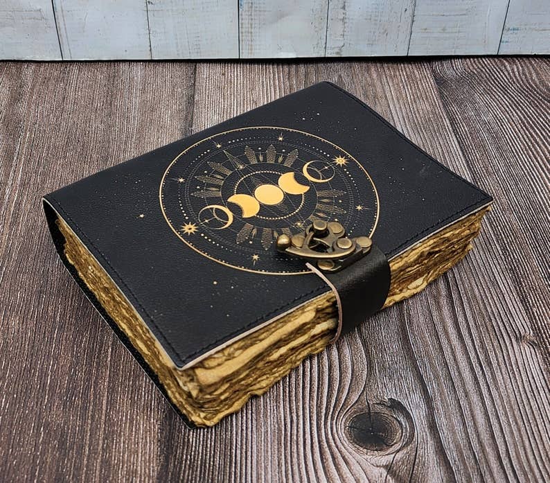 Jay mataji Handicrafts - Wholesale Dagboek/agenda - Grimoire notitieboek met maanfaseprint, zwart leren journal3