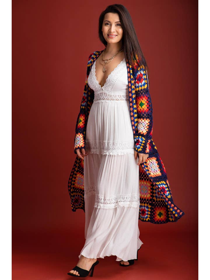 SAACHI - Vente Kimono – femme - Cardigan kimono long en crochet granny à motifs floraux multicolores1