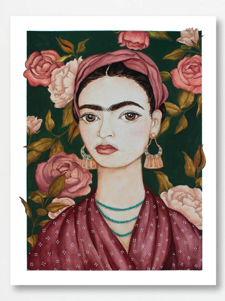 Illustration imprimée de portrait botanique floral de Frida Kahlo pour la vente par Fox & Fables