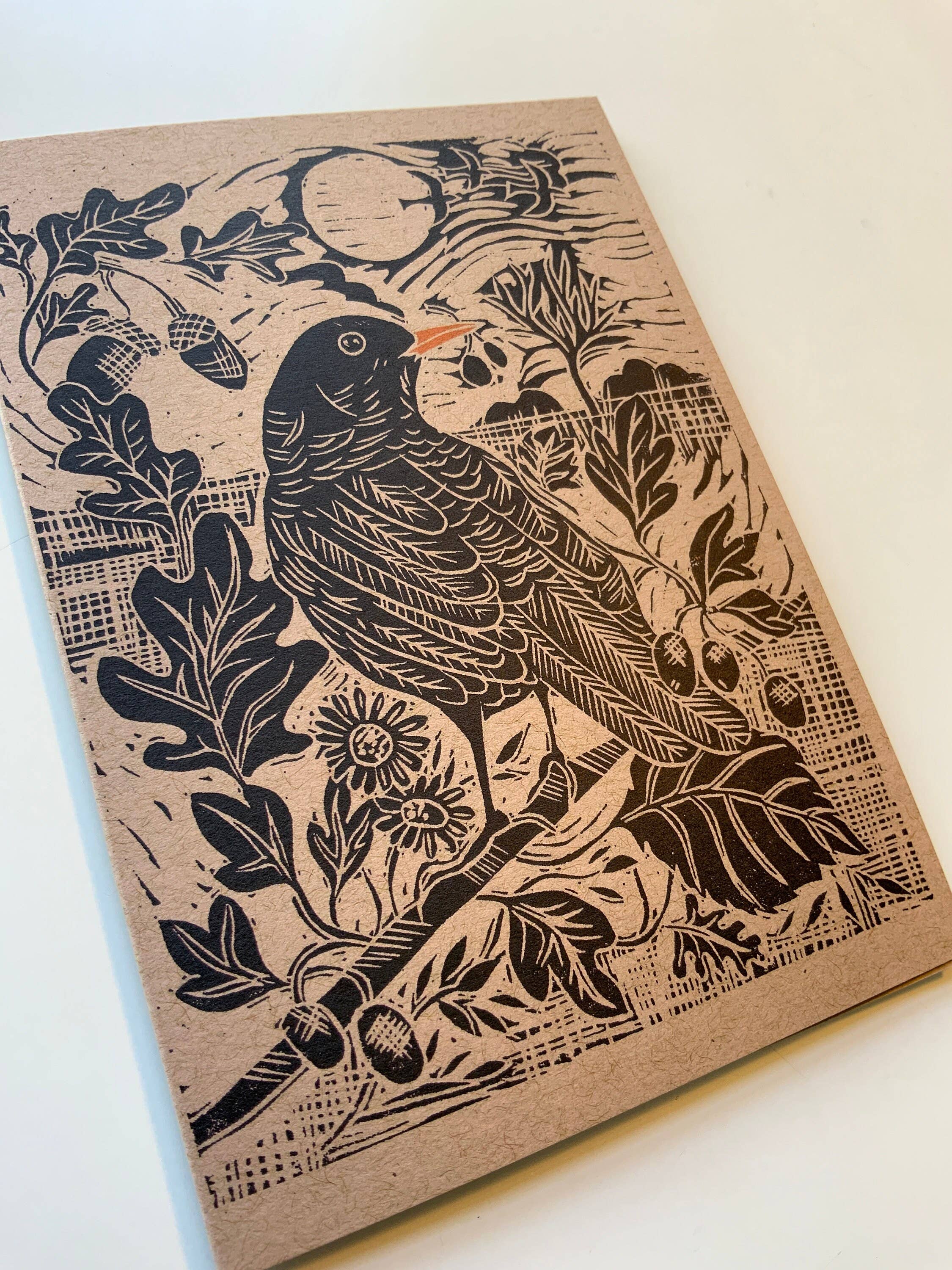 Vivienne Keable - Wholesale Birthday Card - Linocut Print - Blackbird - Greeting Card - Bird - Birthday1