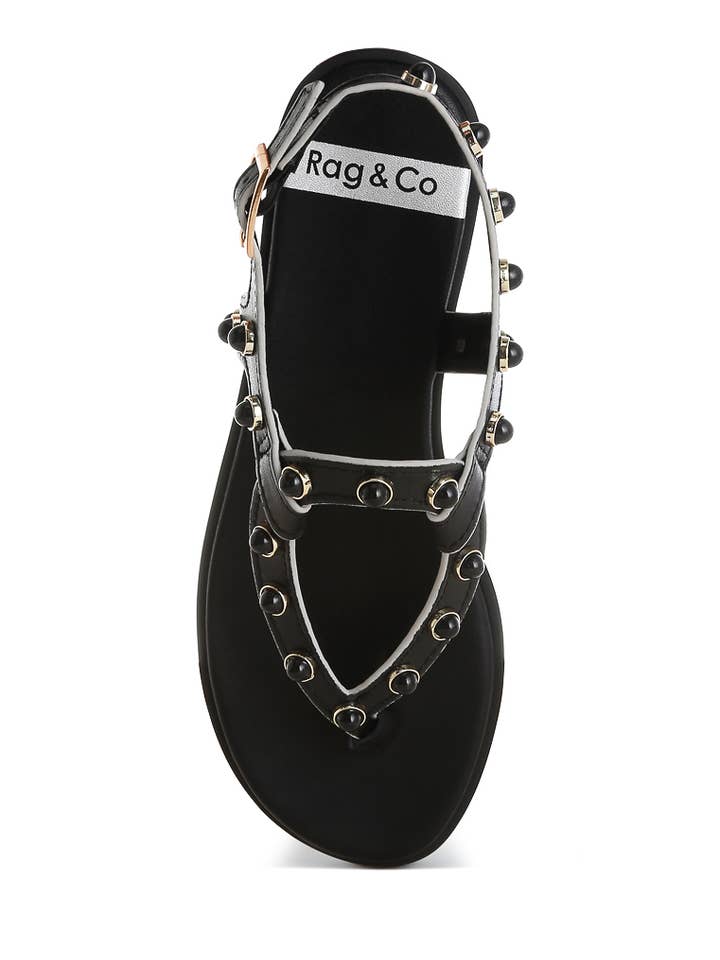 Black Avens Pearl Rivet Studded Flats Sandal for wholesale on Faire6