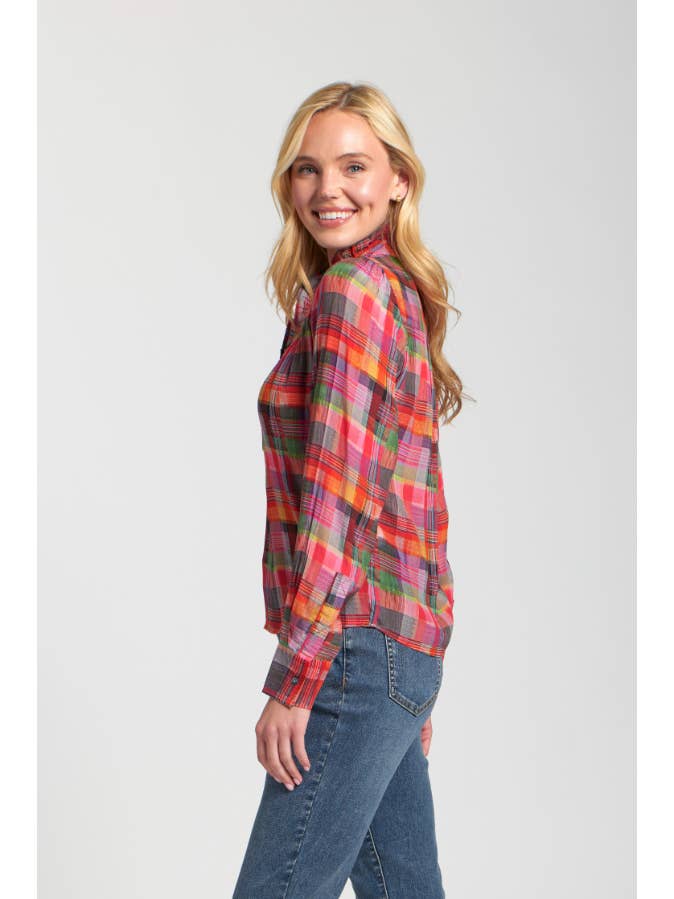 Ruffle Half Placket Blouse - Pink Multi for wholesale on Faire2