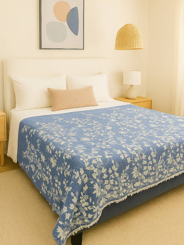 Bougainvillea Muslin Bed Blanket – Blue| Queen for wholesale by TurkanHome