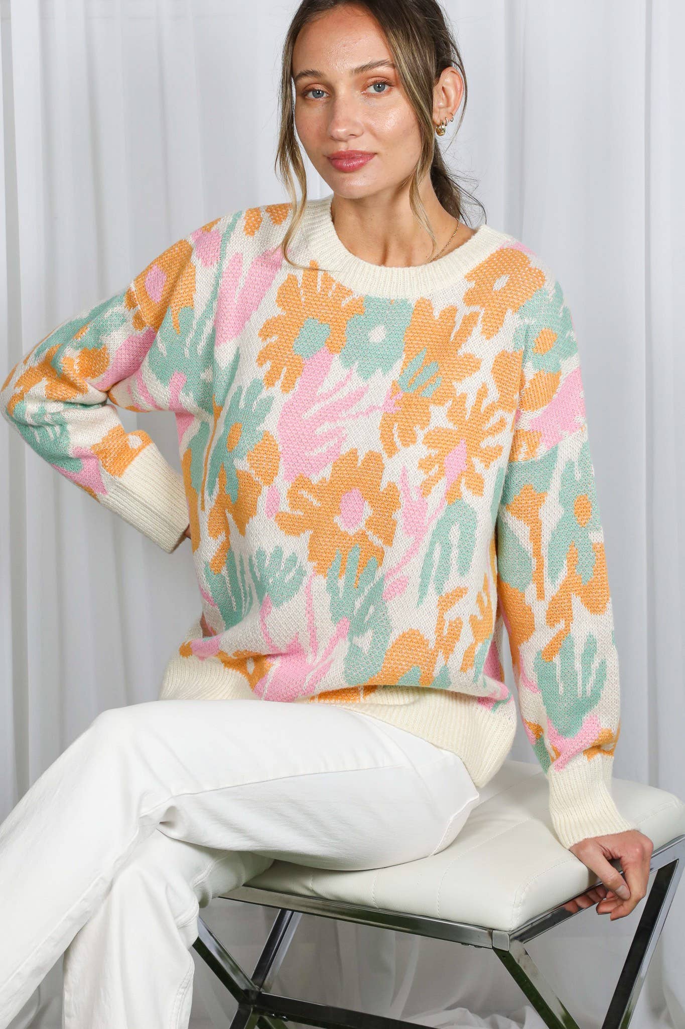 Cream Multi Floral Jacquard Knitted Sweater Top VT82628 for wholesale on Faire11
