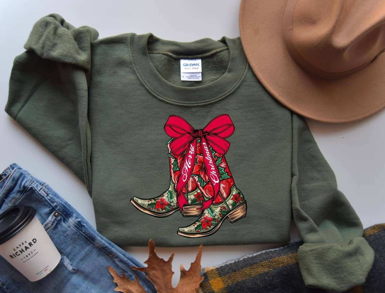 The Red Rival Wholesale - Wholesale Graphic Sweatshirt - Women's - Merry Christmas Cowgirl Poinsettia Floral Boots Military Green Sweatshirt0
