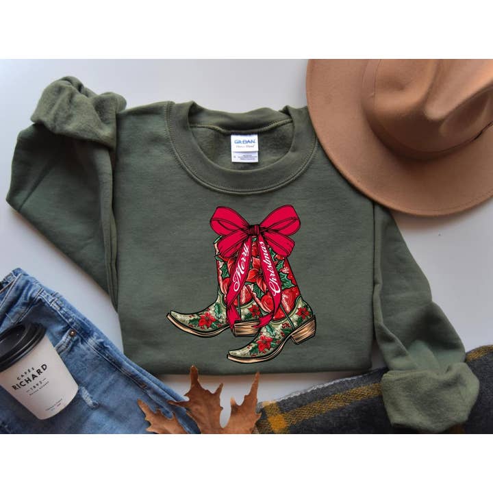 The Red Rival Wholesale - Wholesale Graphic Sweatshirt - Women's - Merry Christmas Cowgirl Poinsettia Floral Boots Military Green Sweatshirt