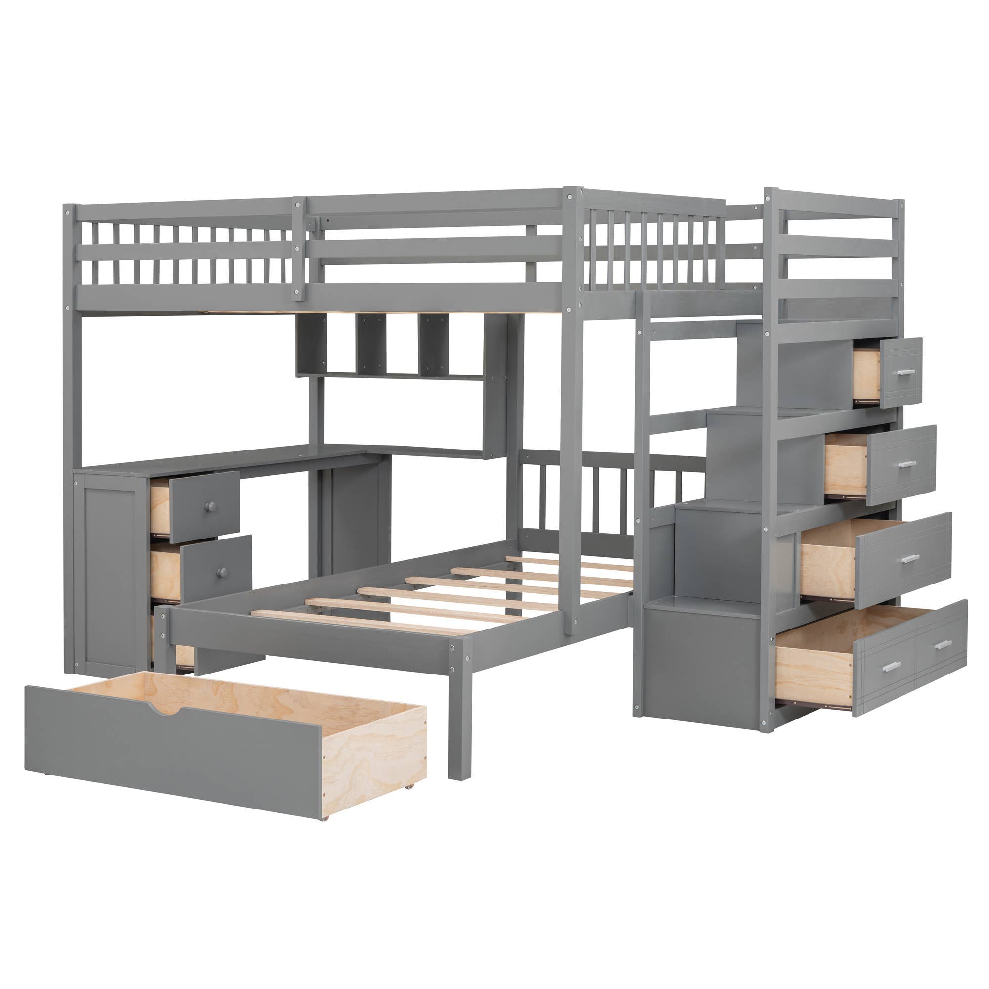 HomeRoots - Wholesale Bed - Gray Full Over Twin Wood Bunk Bed With Stairs Desk Drawers And Storage5