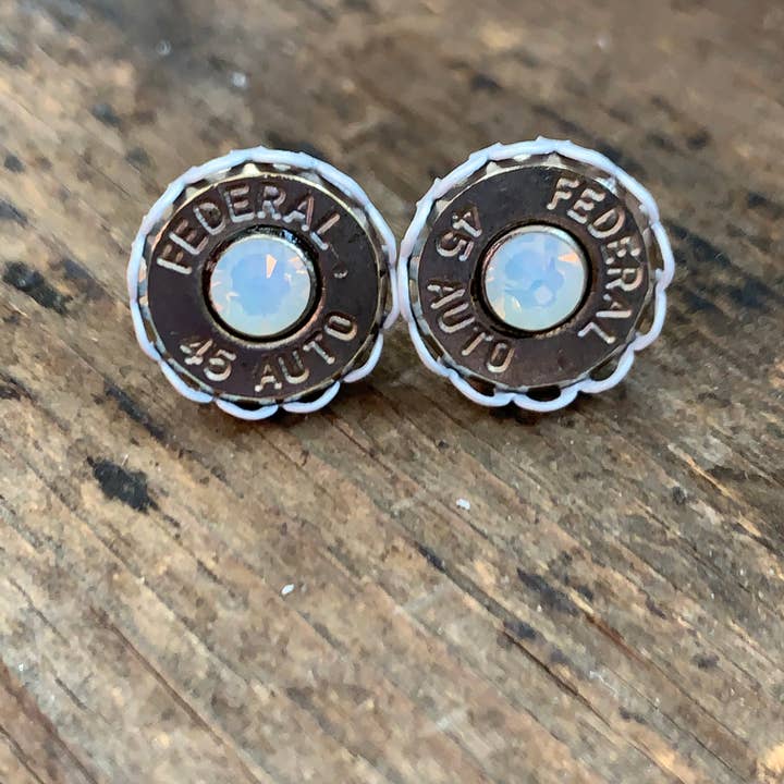 45 Auto Bullet Boucles d'oreilles avec sertissage blanc et cristaux opales pour la vente par Jill's Jewels