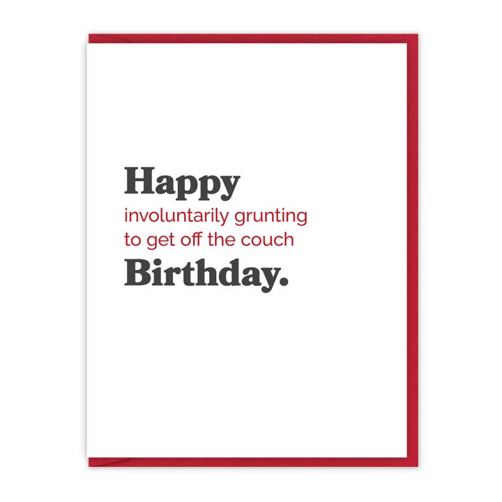 HBD Involuntarily grunting to get off couch | Birthday card for wholesale by Spacepig Press