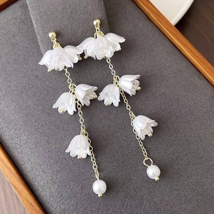 Haengseongworkshop - Wholesale Stud/Post Earrings - 18K Gold Plated Bell Flowers White Flora Drop Glass Pearls Earrings2