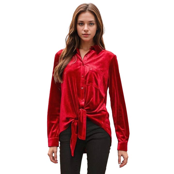 Chemisier en velours à boutons pour femme Pleione en rouge pour la vente par Robin K