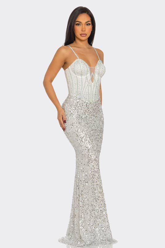 BANJUL – Großhandel Kleid – Damen – Paillettenbesetztes schmales Träger-Maxikleid4