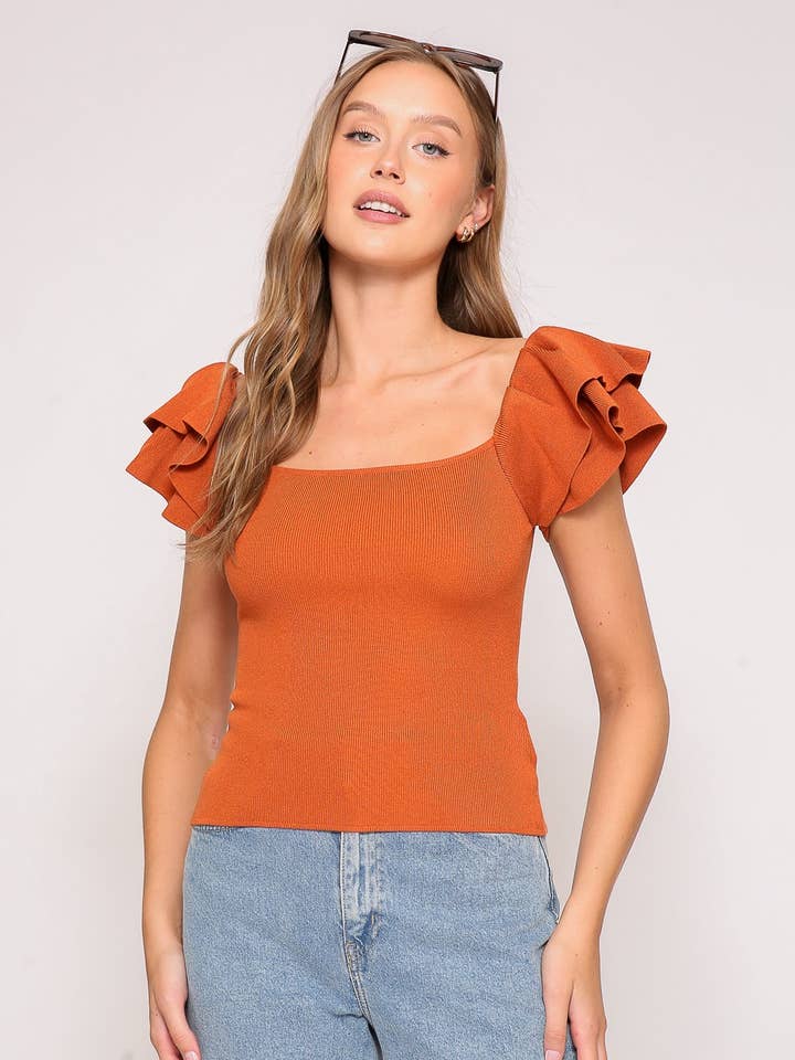 ...0706 Ruffled sleeve sweater top SI-26572 for wholesale by 42POPS