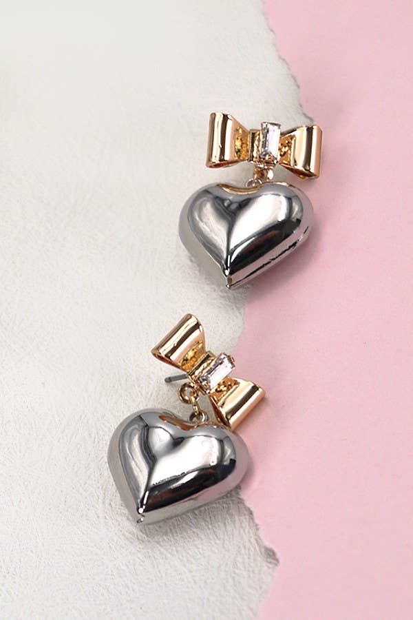 GOLD BOW HEART RHINESTONE DANGLE EARRINGS | 80E2297 for wholesale on Faire2