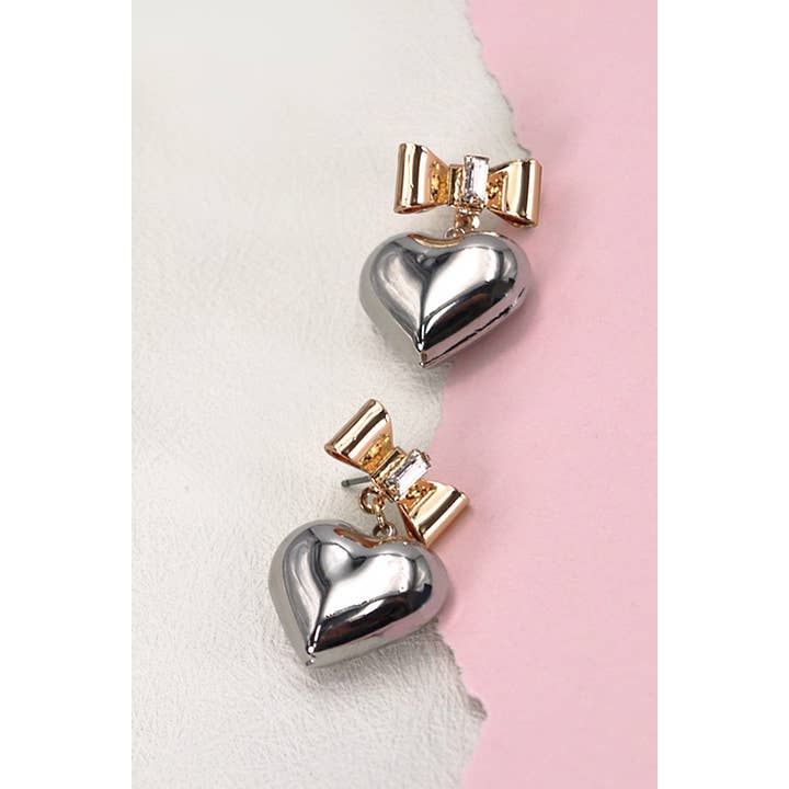 GOLD BOW HEART RHINESTONE DANGLE EARRINGS | 80E2297 for wholesale on Faire2