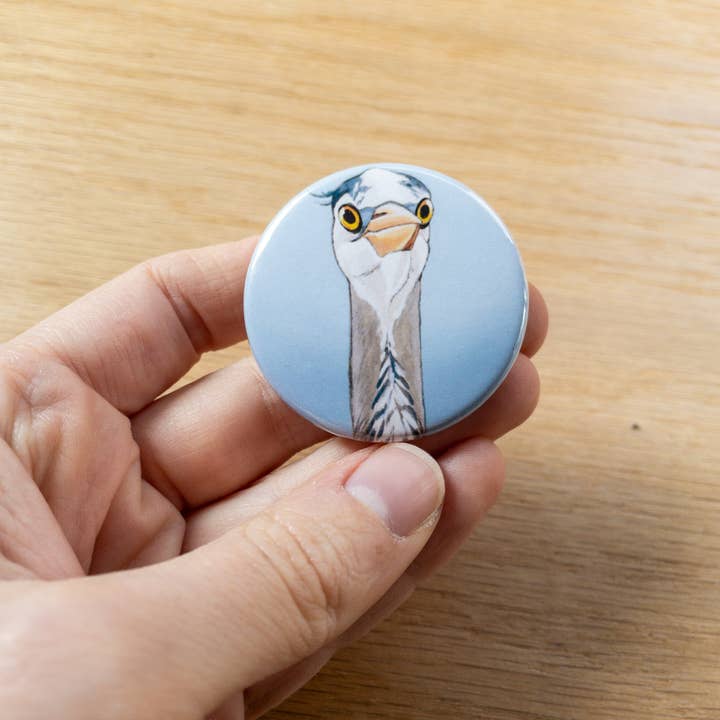 Great Blue Heron 1.75" round magnet for wholesale by Laurel Mundy Illustration