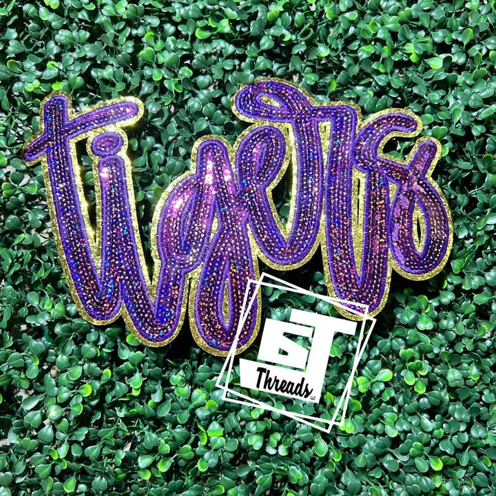 6j Threads LLC - Wholesale Patch - Purple and Gold Cursive Sequin Tigers....Patches Only0