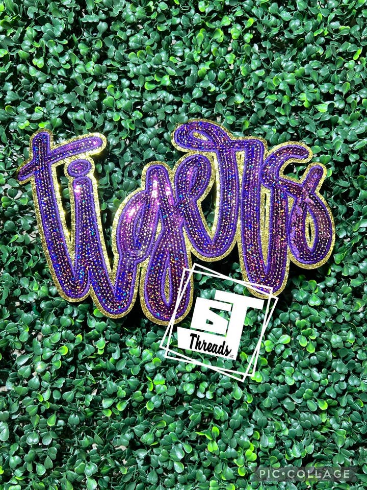 Purple and Gold Cursive Sequin Tigers....Patches Only for wholesale by 6j Threads LLC