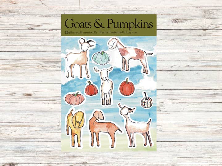 Goats & Pumpkins Sticker Sheet for wholesale by Hudson Illustration Co - About Town Co