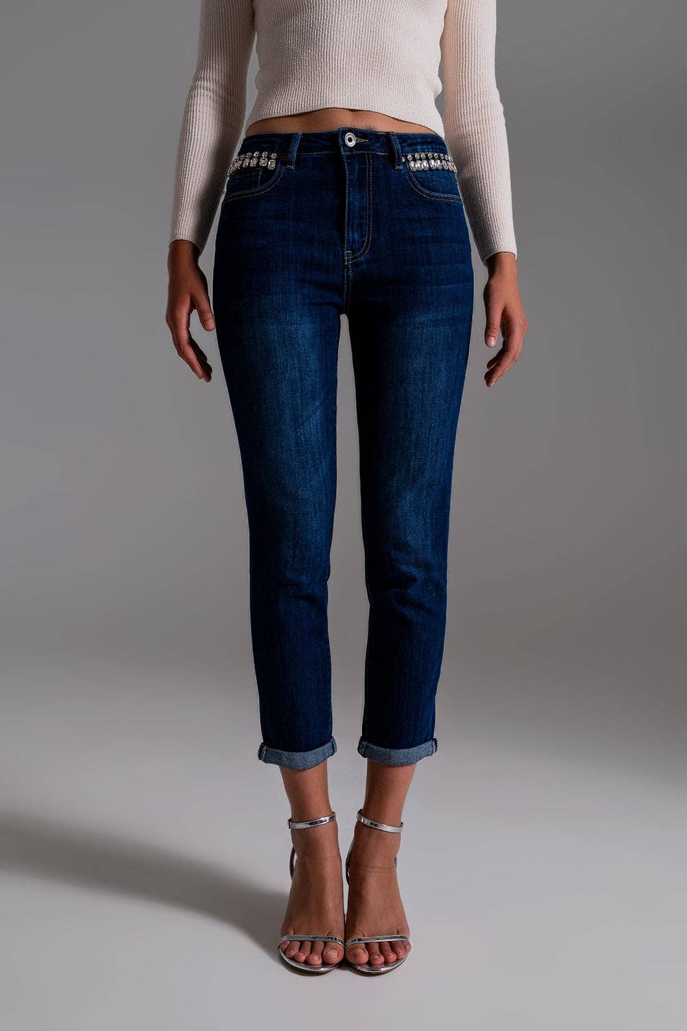 Blu Jeans con frange in strass sulle tasche in lavaggio scuro in vendita all'ingrosso su Faire3