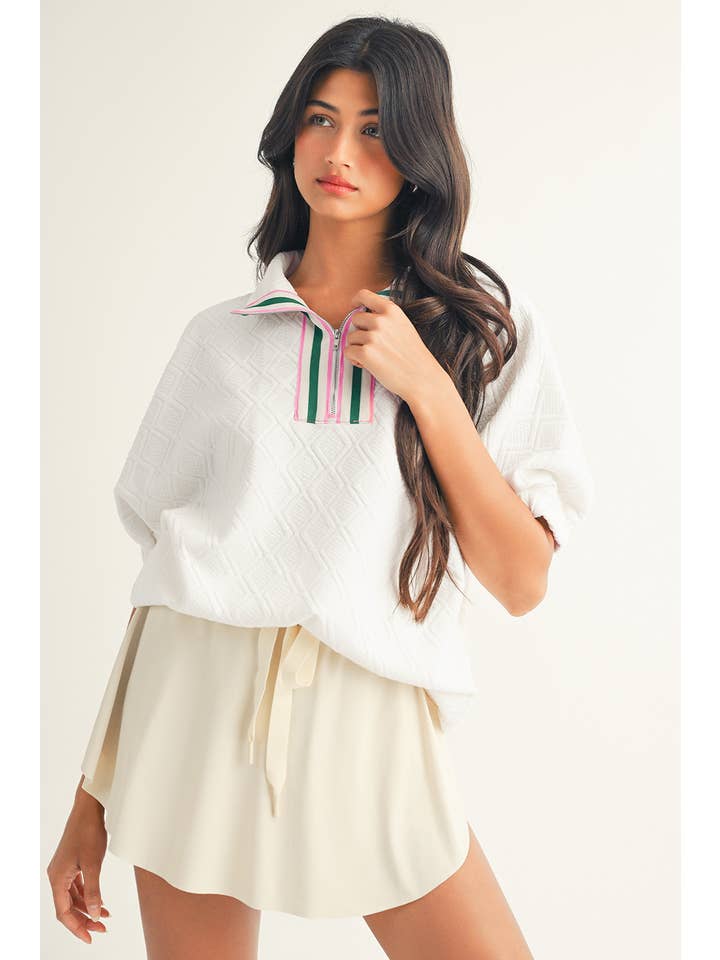 Little Daisy Closet - Wholesale Blouse - Women's - LDC Colorblock Zipper Collar Puff Sleeve Textured Blouse