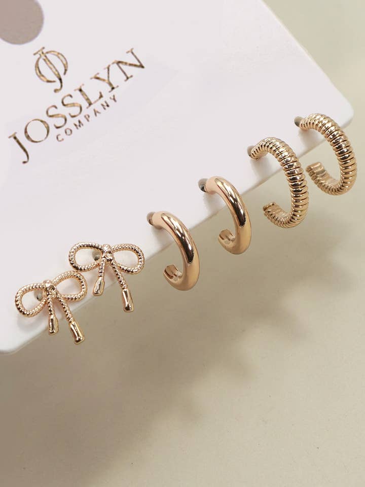 MINI BOW HUGGIE HOOP TRIO EARRINGS | 80E6406 for wholesale by JOSSLYN by wall to wall
