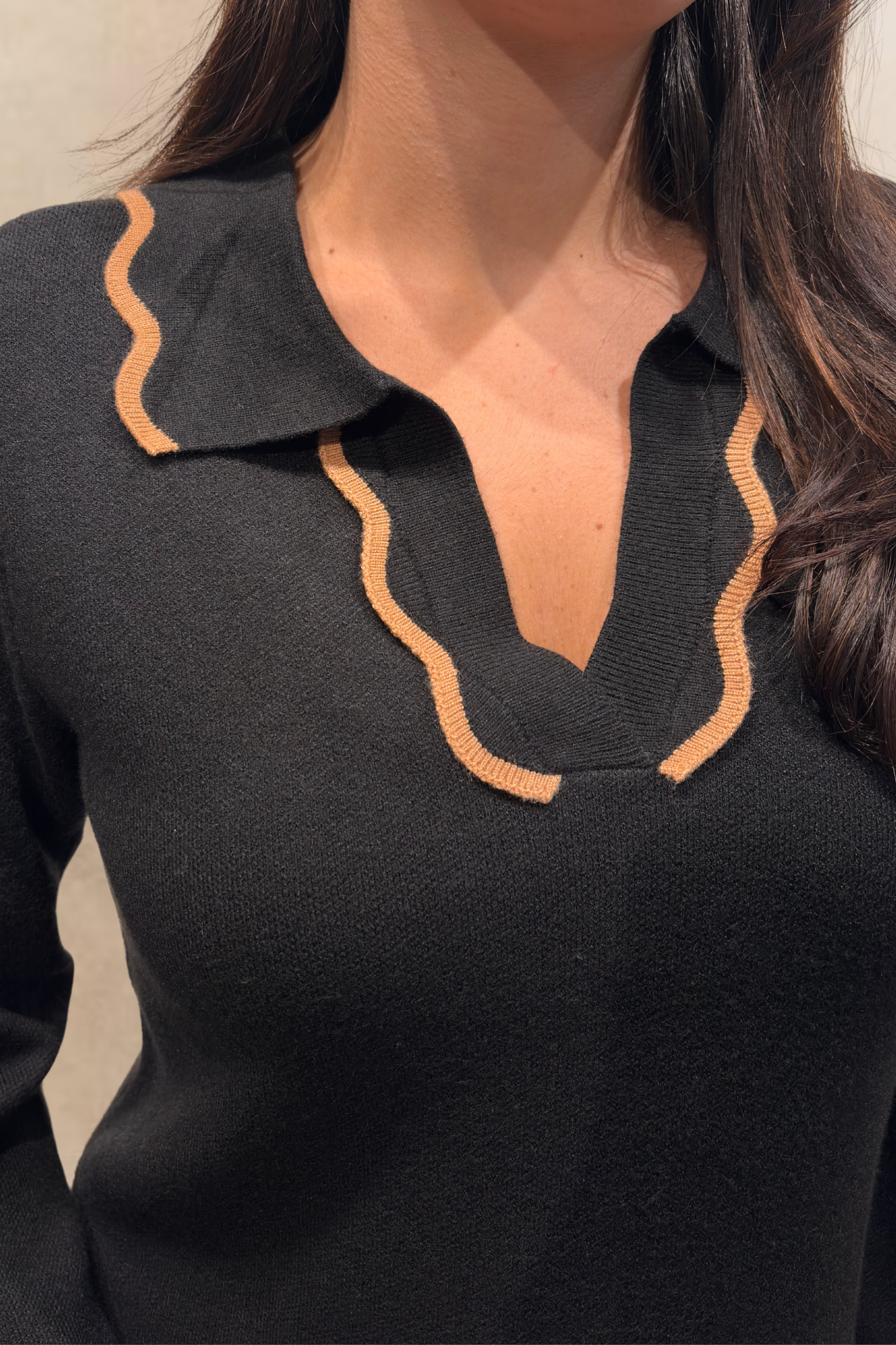 Alice Black Knit Dress Polo Shirt Collar Piping Neckline Relaxed Fit for wholesale on Faire1