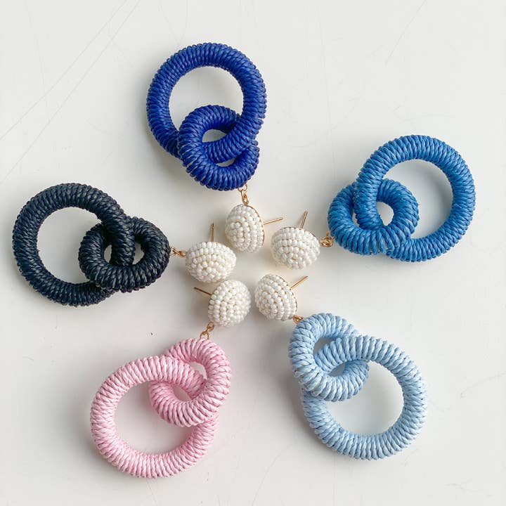 Gaby & Grace - Wholesale Dangle Earrings - Nantucket Raffia Earrings | Carolina Blue and White5