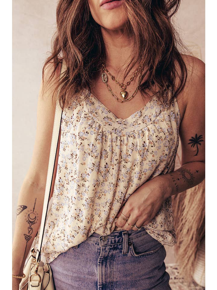 Apricot Boho Floral Spaghetti Straps Tank Top for wholesale on Faire3