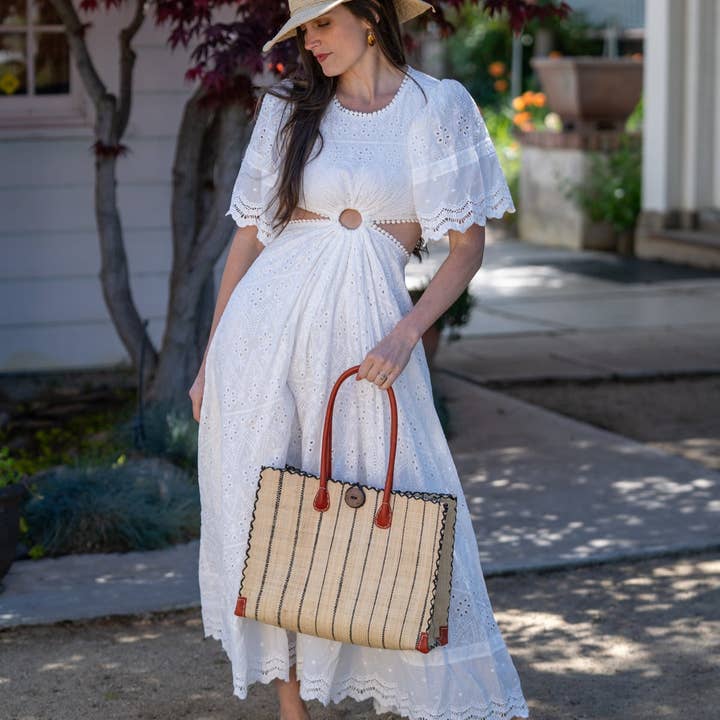 Zafran Pinstripes Straw Beach Bag and other Purchase Wholesale comprare cibo. Free Returns & Net 60 Terms on Faire trending on Faire.