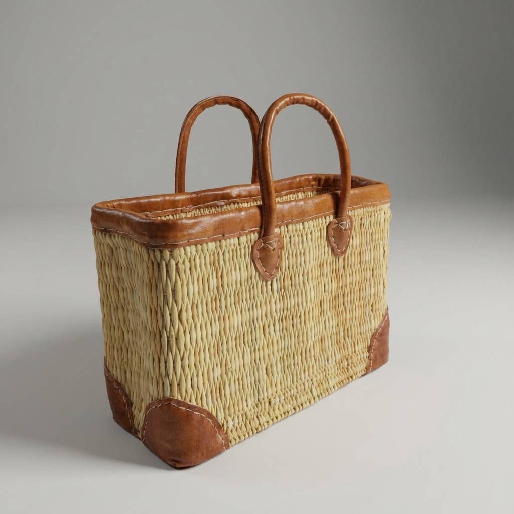 Melecraft - Vente Paniers - Panier de marché en roseau tissé de luxe avec garniture en cuir5