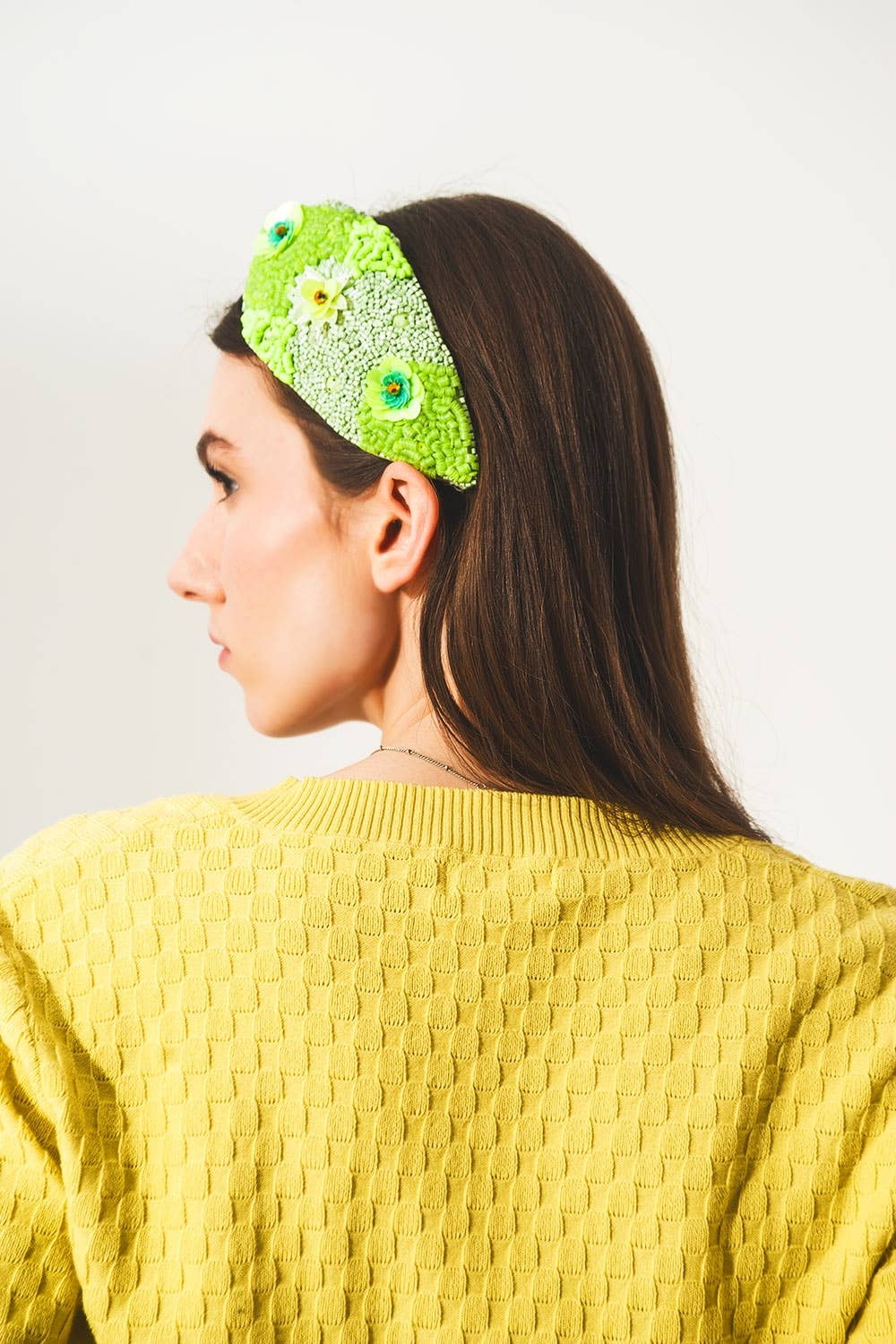 Chunky headband with embellished green flowers for wholesale on Faire1